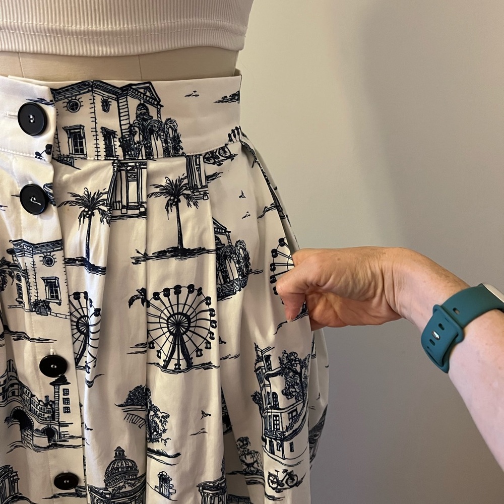 Maje midi full pleated skirt in white with blue toile style print